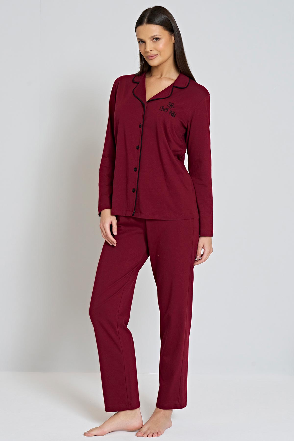 Pınarca Kadın Pijama Takımı Gömlek Yaka Uzun Kollu Büyük Beden