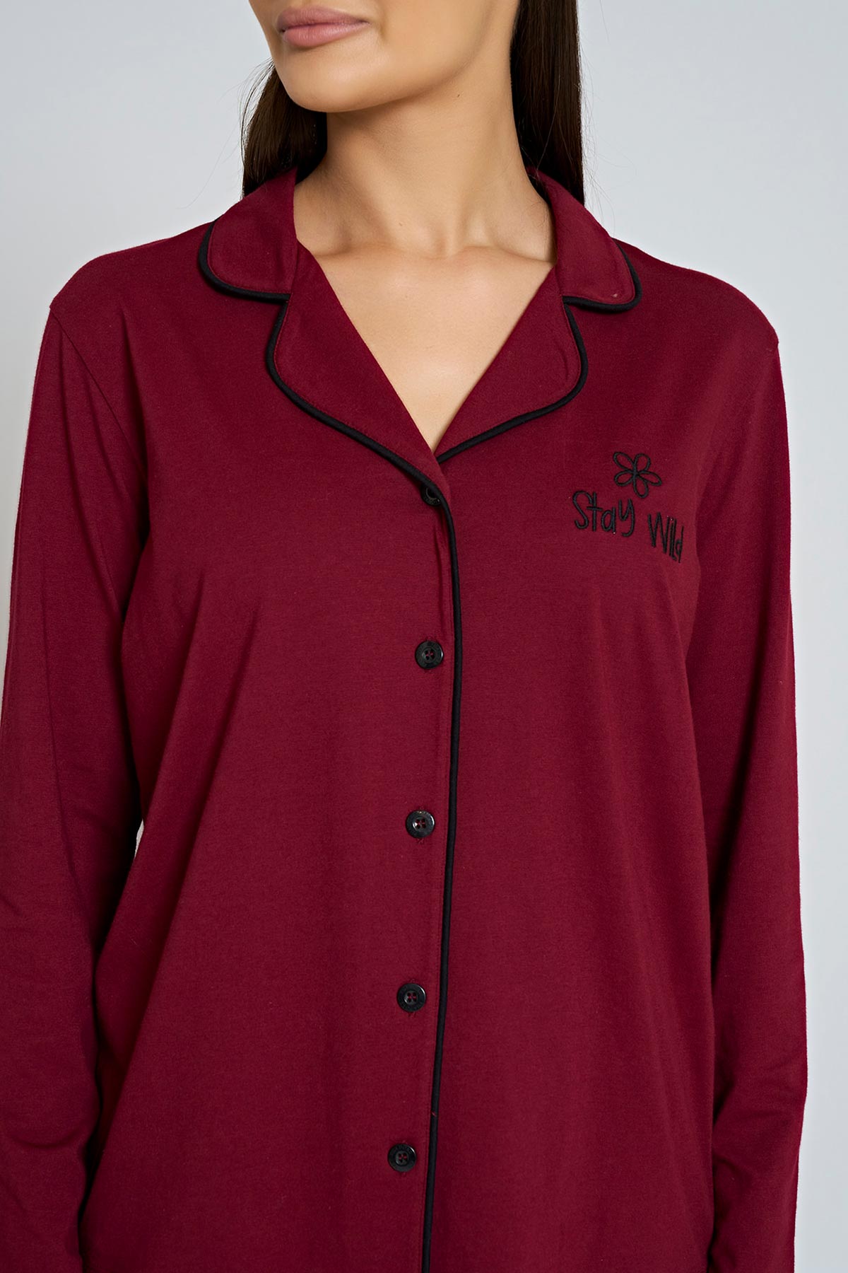 Pınarca Kadın Pijama Takımı Gömlek Yaka Uzun Kollu Büyük Beden