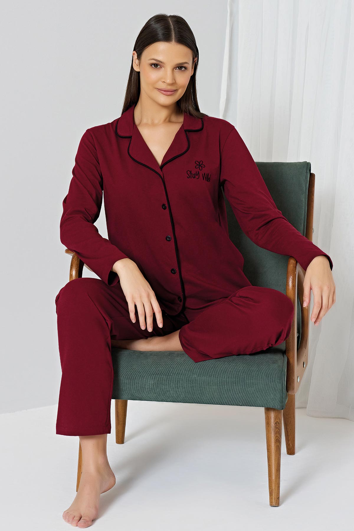 Pınarca Kadın Pijama Takımı Gömlek Yaka Uzun Kollu Büyük Beden