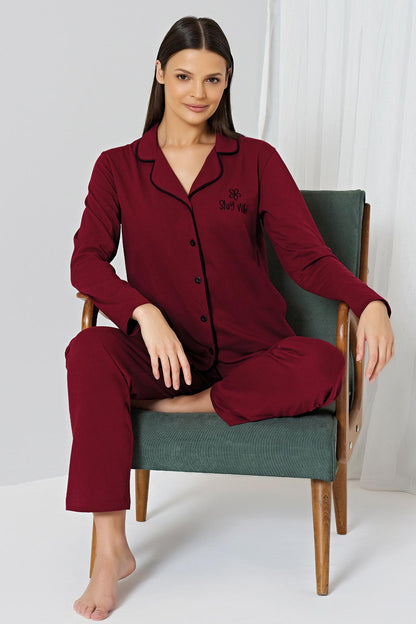 Pınarca Kadın Pijama Takımı Gömlek Yaka Uzun Kollu Büyük Beden