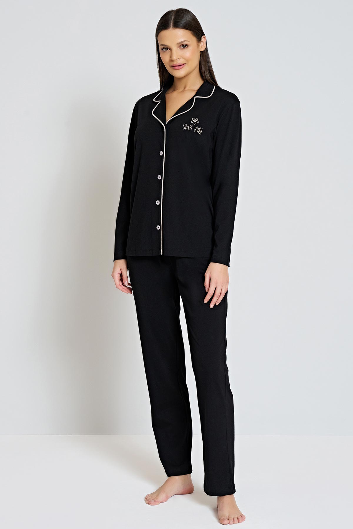 Pınarca Kadın Pijama Takımı Gömlek Yaka Uzun Kollu Büyük Beden