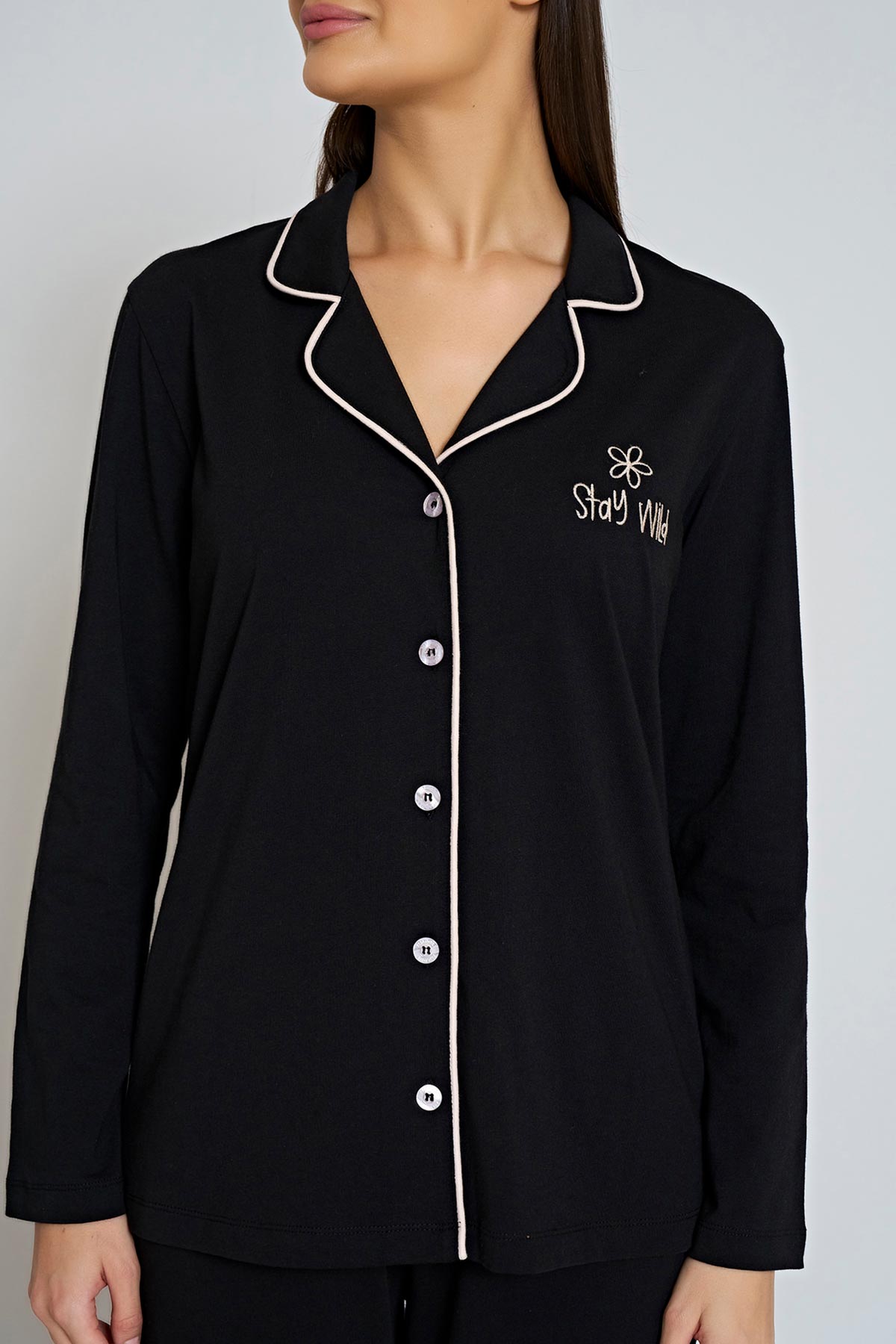 Pınarca Kadın Pijama Takımı Gömlek Yaka Uzun Kollu Büyük Beden