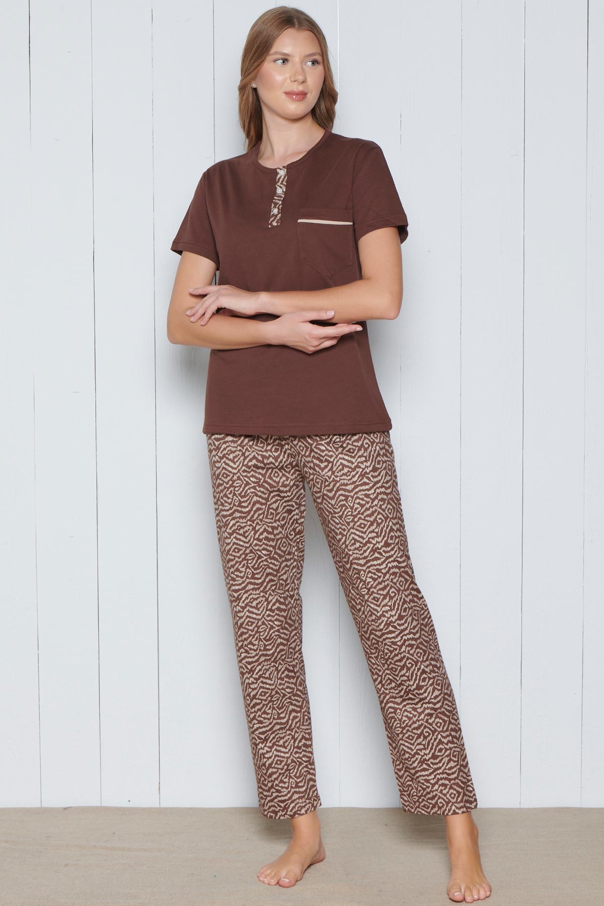 Pınarca Kadın Pijama Takımı Kısa Kollu 3 Düğmeli Büyük Beden Pamuklu