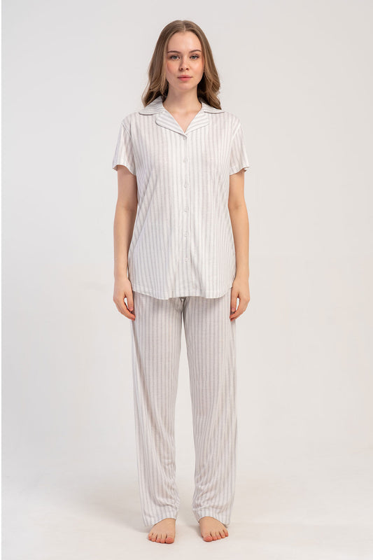 Pınarca Kadın Pijama Takımı Kısa Kollu 3 Düğmeli Çizgili Viskon