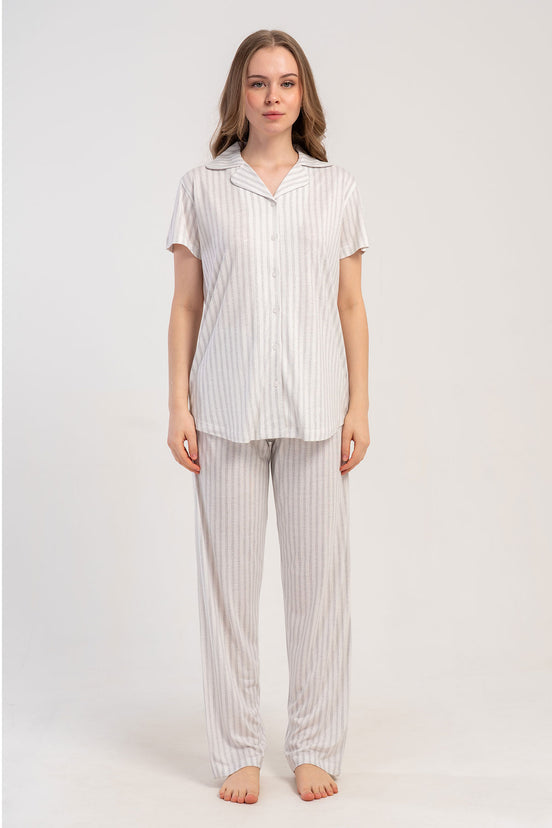 Pınarca Kadın Pijama Takımı Kısa Kollu 3 Düğmeli Çizgili Viskon