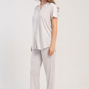 Pınarca Kadın Pijama Takımı Kısa Kollu 3 Düğmeli Çizgili Viskon