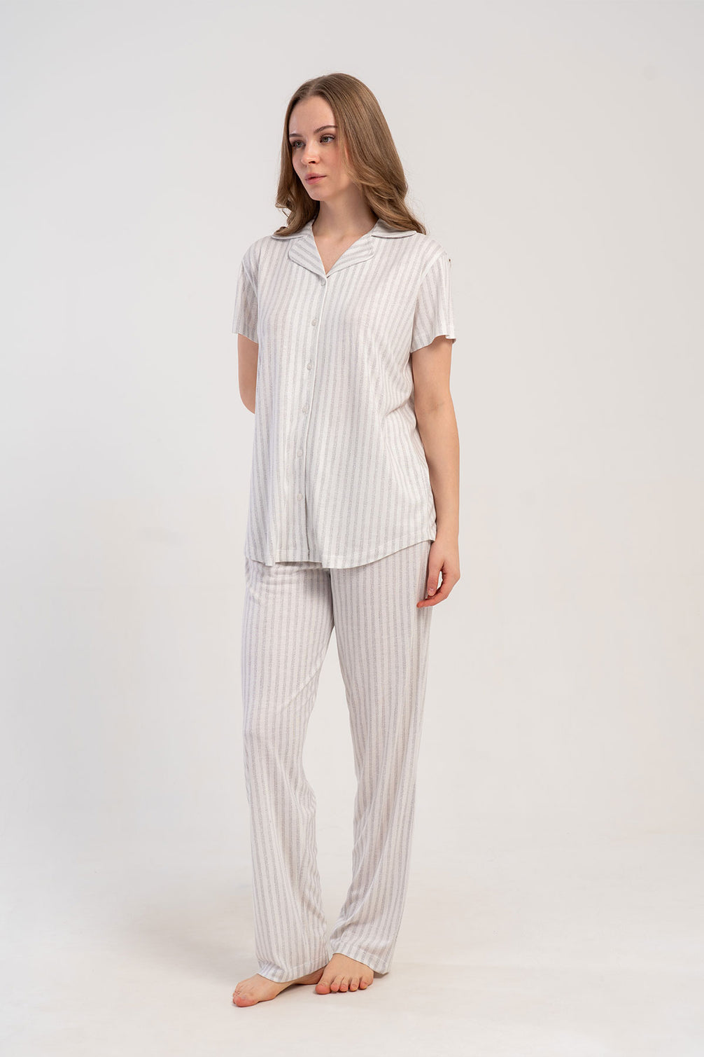 Pınarca Kadın Pijama Takımı Kısa Kollu 3 Düğmeli Çizgili Viskon
