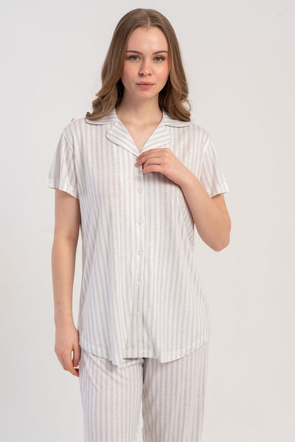 Pınarca Kadın Pijama Takımı Kısa Kollu 3 Düğmeli Çizgili Viskon