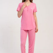 Pınarca Kadın Pijama Takımı Kısa Kollu 3 Düğmeli Desenli Viskon
