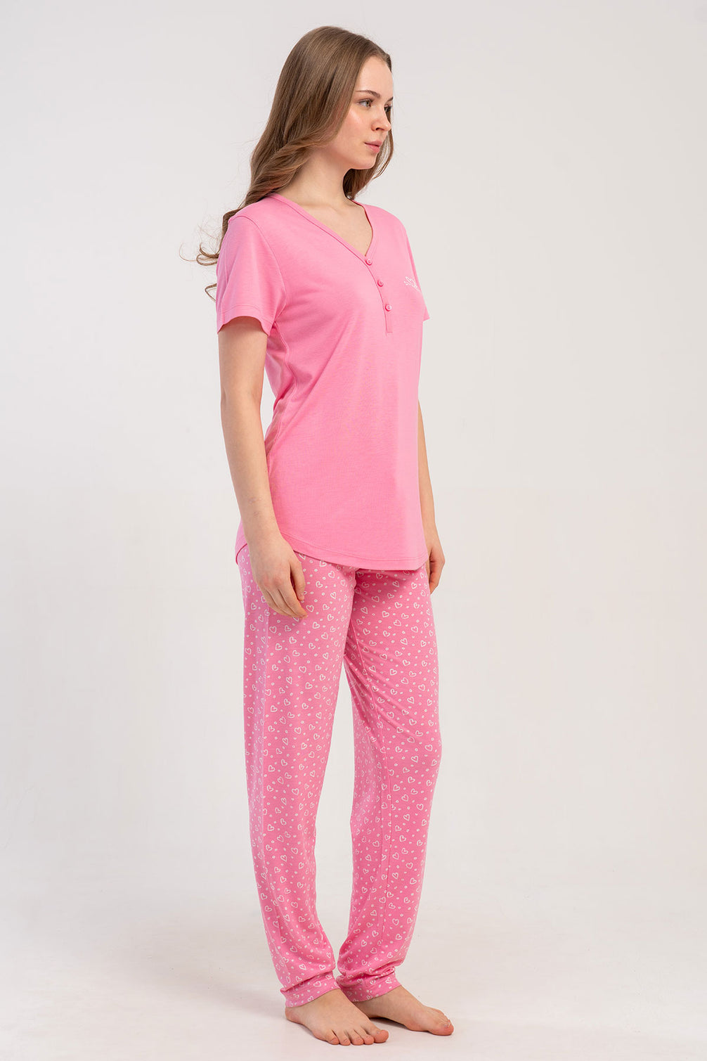 Pınarca Kadın Pijama Takımı Kısa Kollu 3 Düğmeli Desenli Viskon