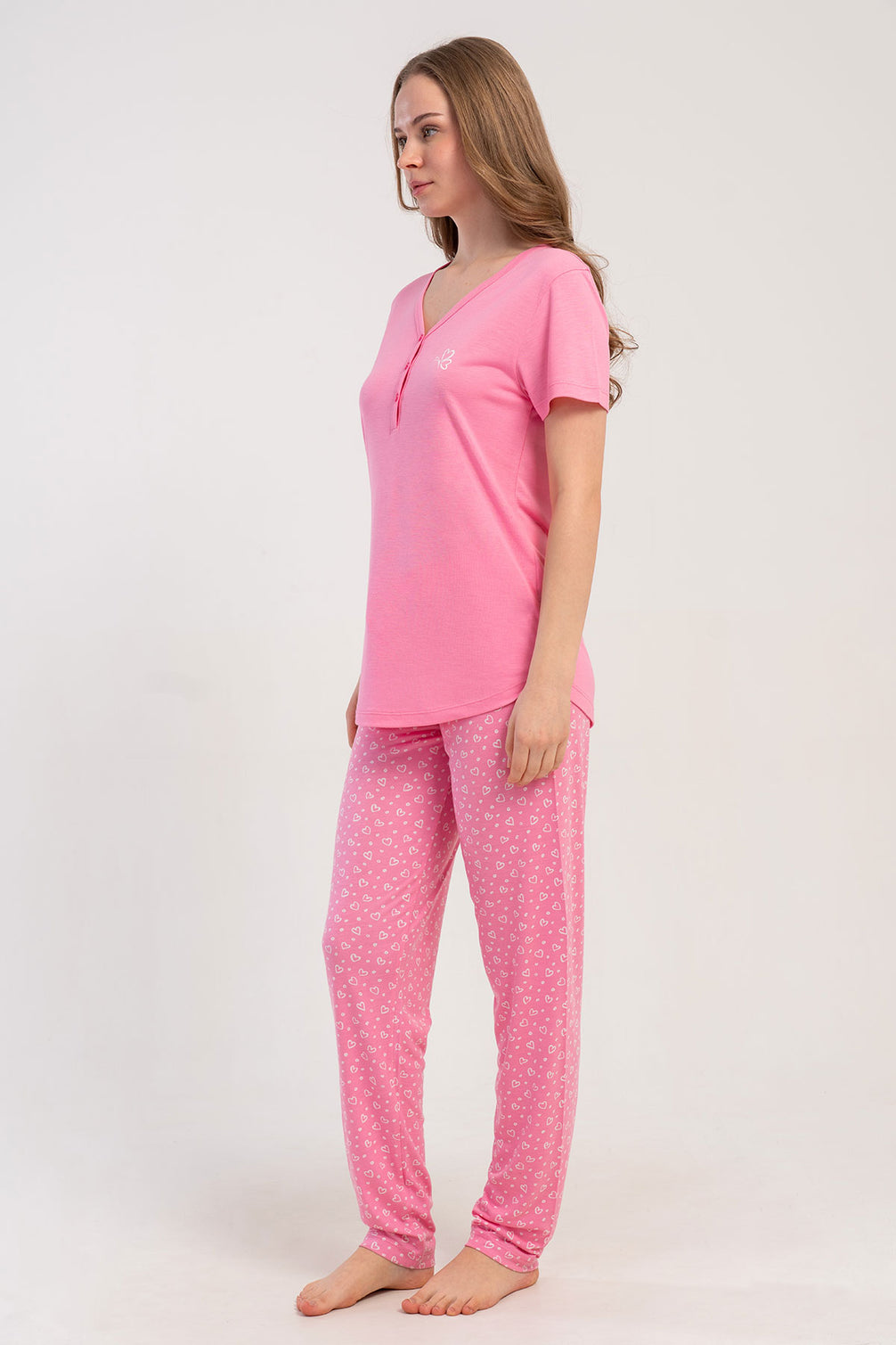 Pınarca Kadın Pijama Takımı Kısa Kollu 3 Düğmeli Desenli Viskon