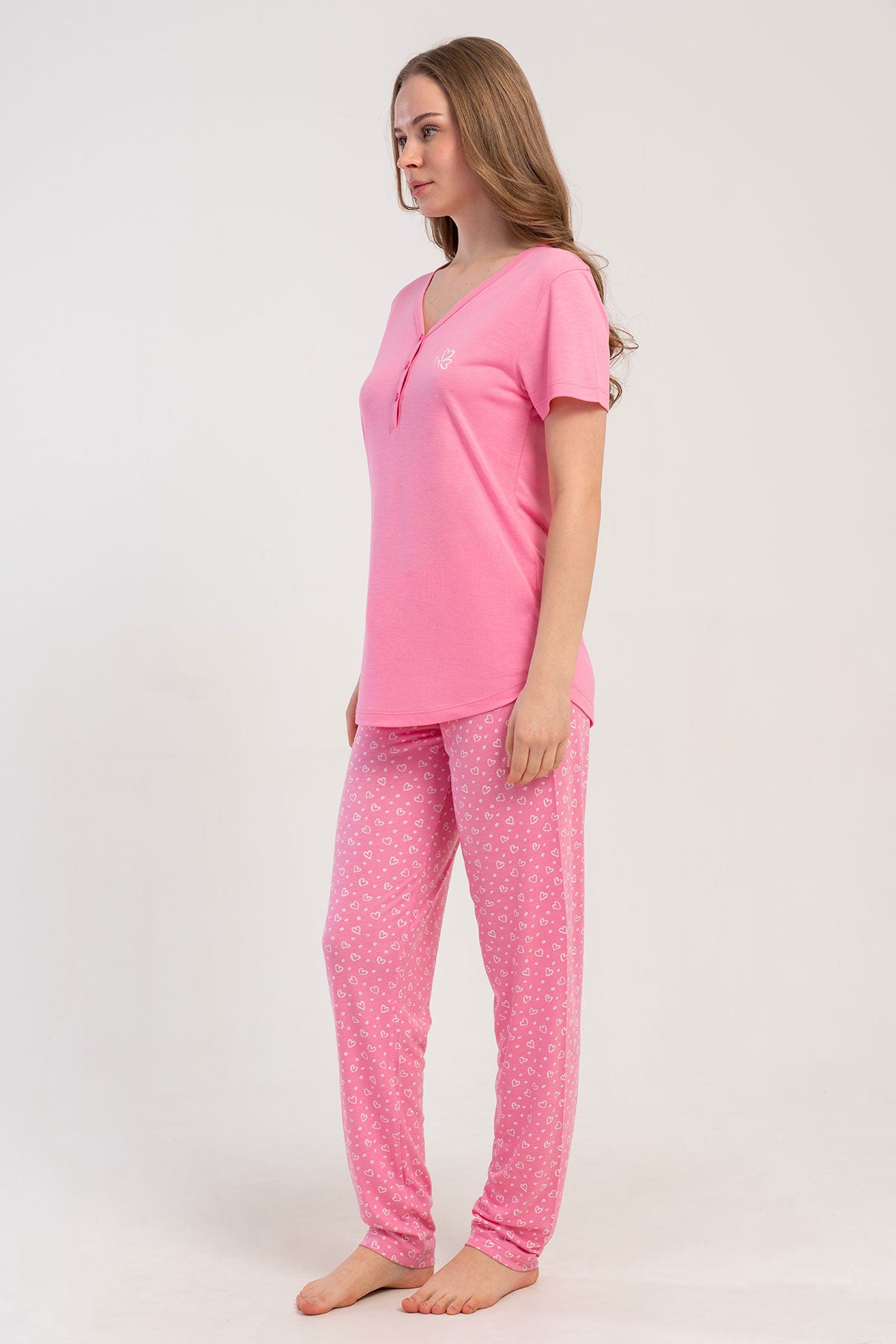 Pınarca Kadın Pijama Takımı Kısa Kollu 3 Düğmeli Desenli Viskon