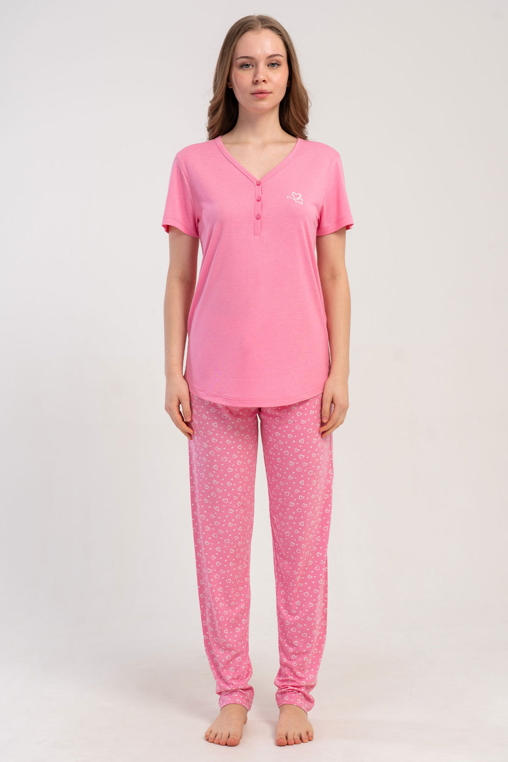 Pınarca Kadın Pijama Takımı Kısa Kollu 3 Düğmeli Desenli Viskon