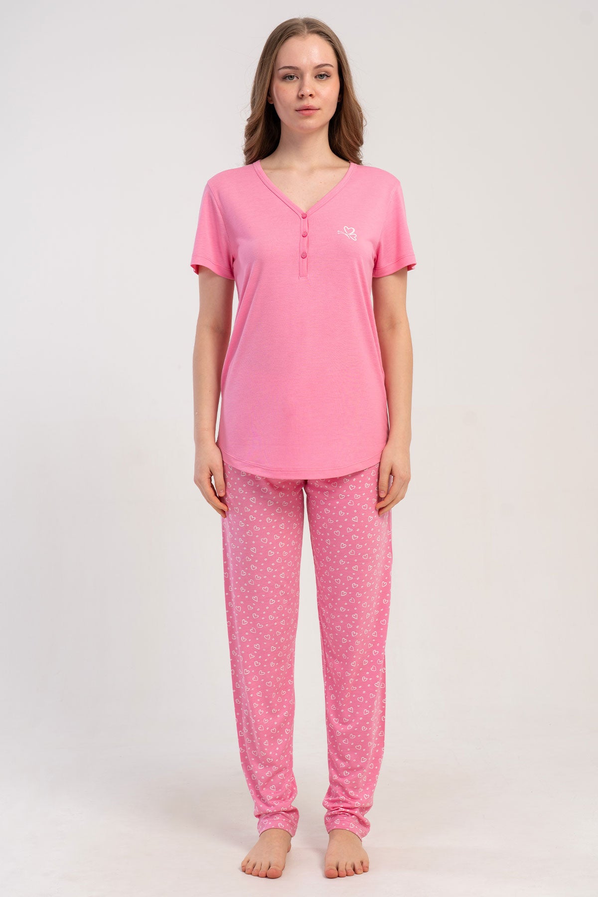 Pınarca Kadın Pijama Takımı Kısa Kollu 3 Düğmeli Desenli Viskon