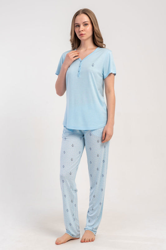 Pınarca Kadın Pijama Takımı Kısa Kollu 3 Düğmeli Desenli Viskon