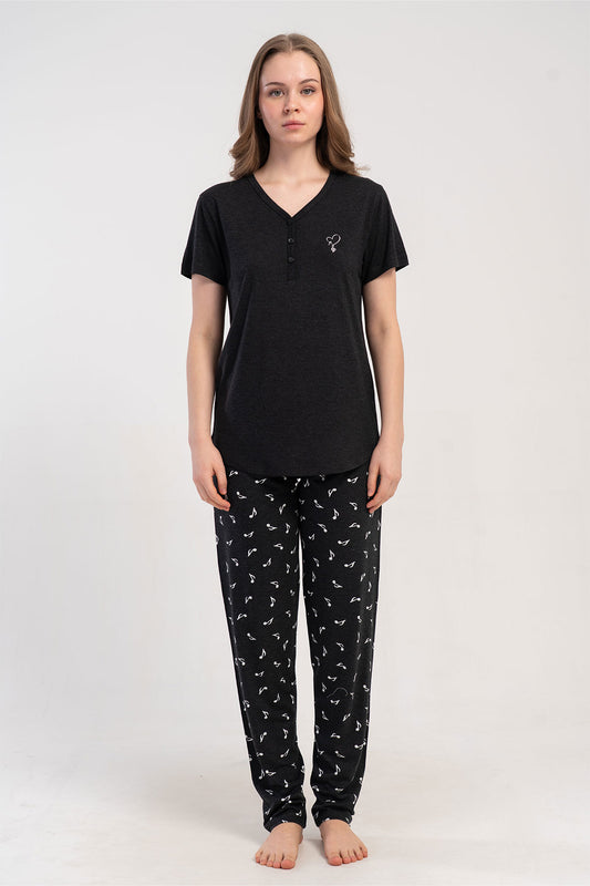 Pınarca Kadın Pijama Takımı Kısa Kollu 3 Düğmeli Desenli Viskon