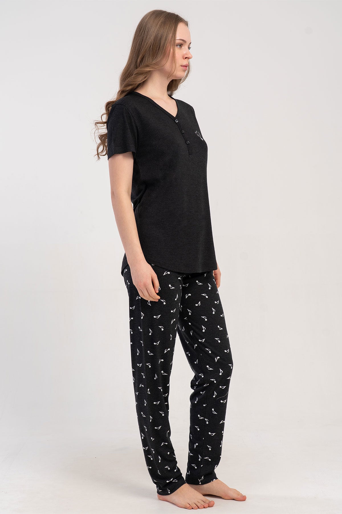 Pınarca Kadın Pijama Takımı Kısa Kollu 3 Düğmeli Desenli Viskon
