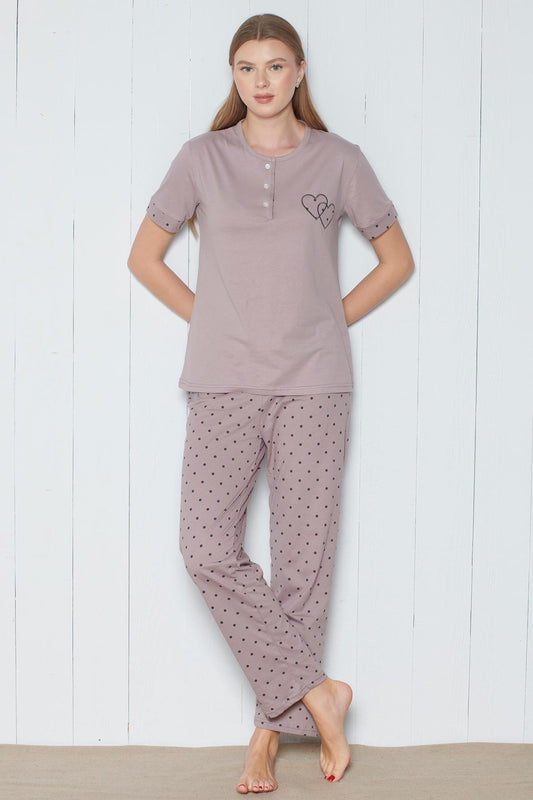 Pınarca Kadın Pijama Takımı Kısa Kollu 3 Düğmeli Nokta Desenli