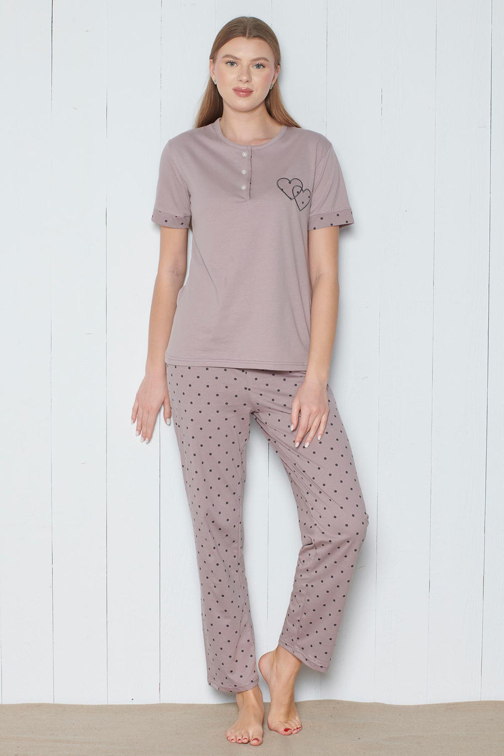 Pınarca Kadın Pijama Takımı Kısa Kollu 3 Düğmeli Nokta Desenli