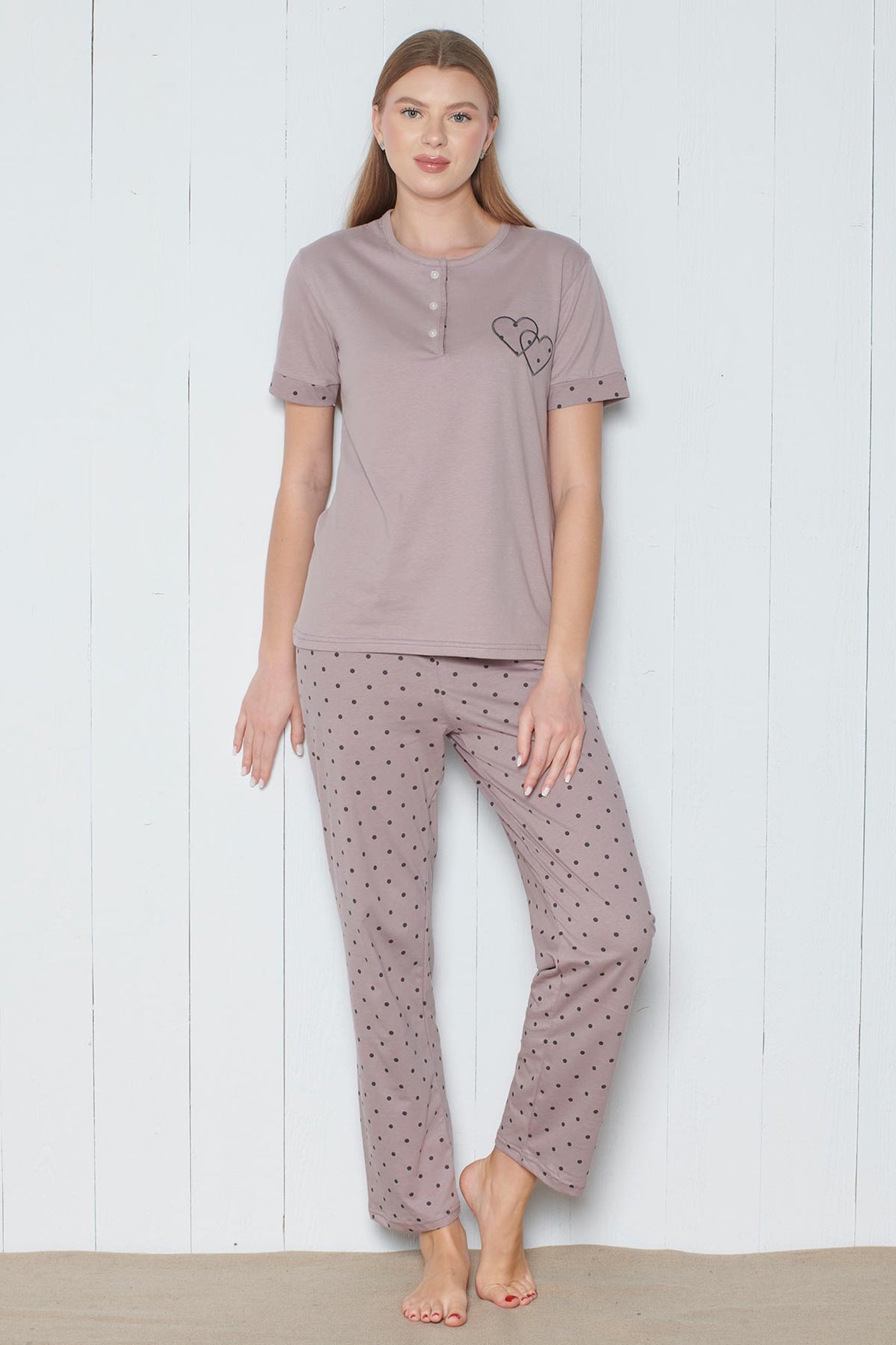 Pınarca Kadın Pijama Takımı Kısa Kollu 3 Düğmeli Nokta Desenli