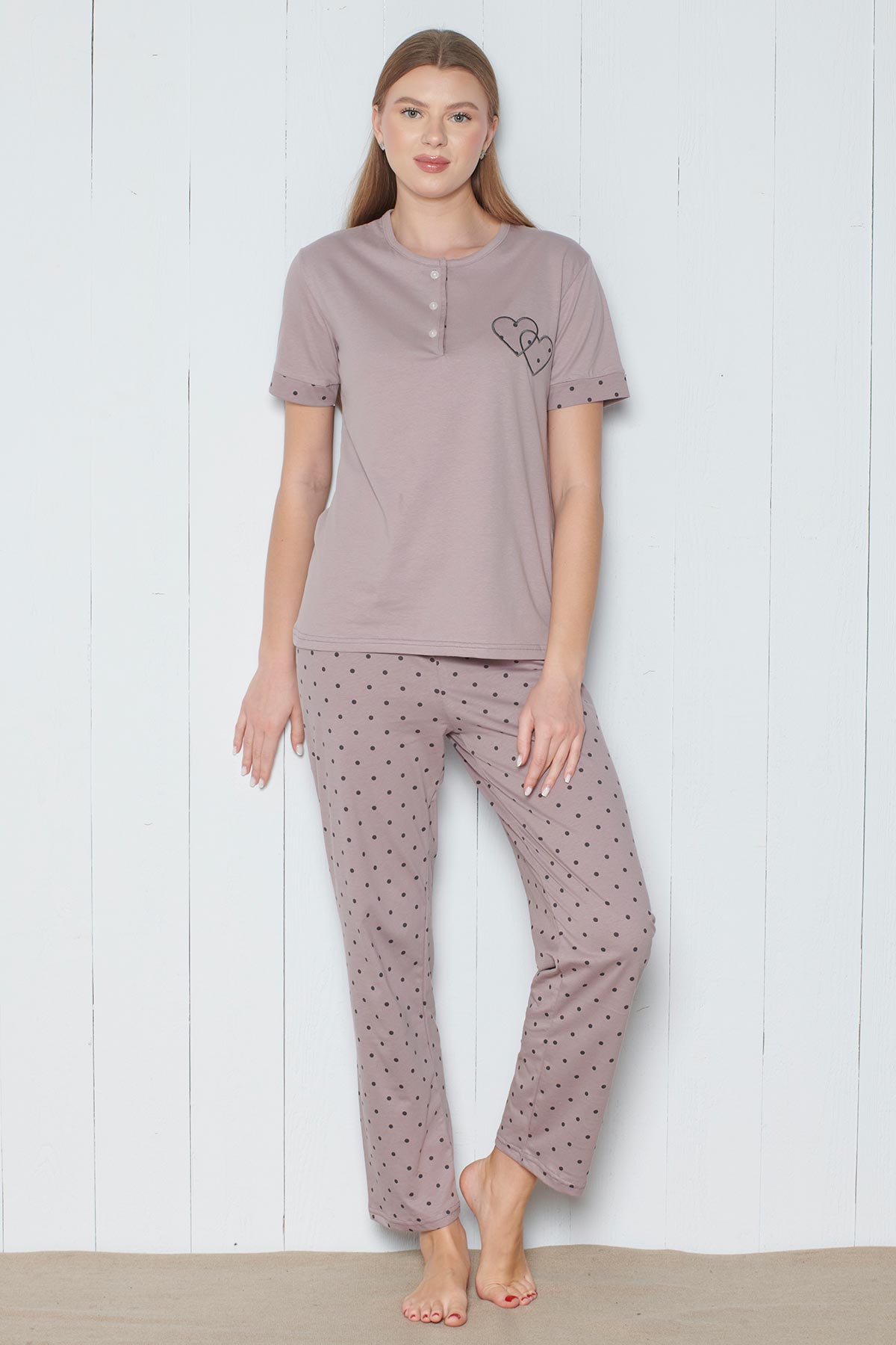 Pınarca Kadın Pijama Takımı Kısa Kollu 3 Düğmeli Nokta Desenli