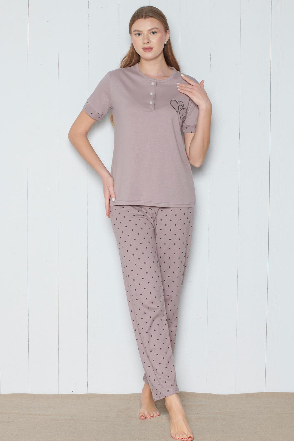 Pınarca Kadın Pijama Takımı Kısa Kollu 3 Düğmeli Nokta Desenli