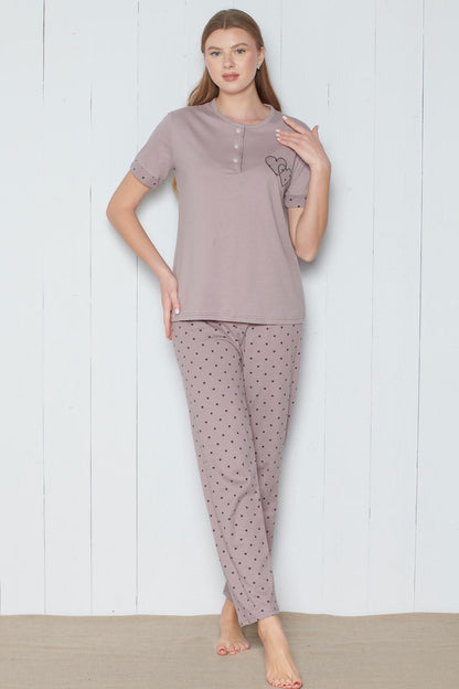 Pınarca Kadın Pijama Takımı Kısa Kollu 3 Düğmeli Nokta Desenli
