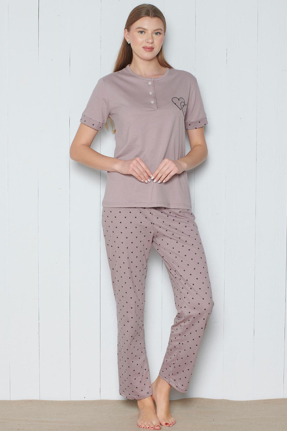 Pınarca Kadın Pijama Takımı Kısa Kollu 3 Düğmeli Nokta Desenli