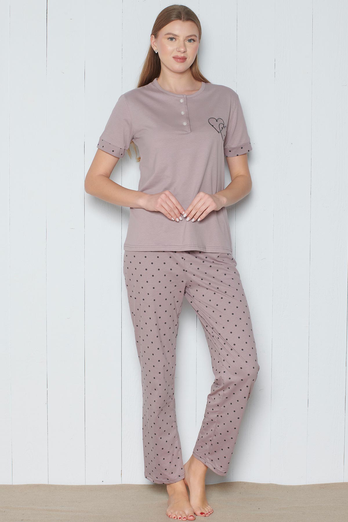 Pınarca Kadın Pijama Takımı Kısa Kollu 3 Düğmeli Nokta Desenli