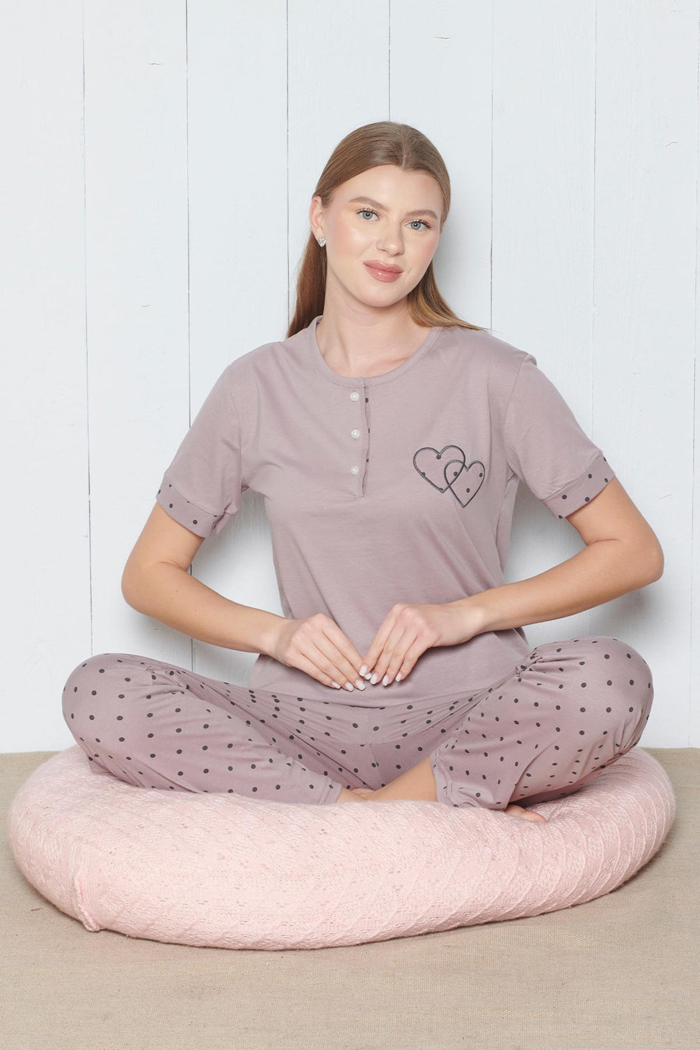 Pınarca Kadın Pijama Takımı Kısa Kollu 3 Düğmeli Nokta Desenli