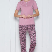 Pınarca Kadın Pijama Takımı Kısa Kollu Alt Desenli Yaka 3 Düğmeli Pamuklu