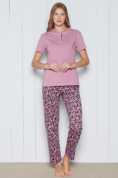 Pınarca Kadın Pijama Takımı Kısa Kollu Alt Desenli Yaka 3 Düğmeli Pamuklu