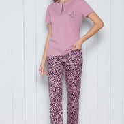 Pınarca Kadın Pijama Takımı Kısa Kollu Alt Desenli Yaka 3 Düğmeli Pamuklu