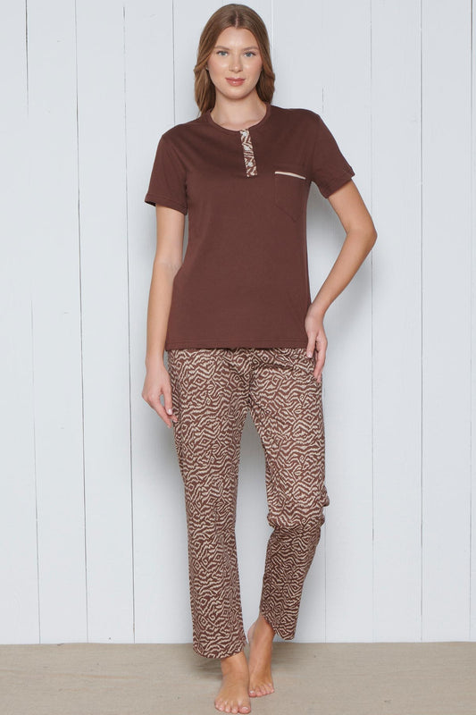 Pınarca Kadın Pijama Takımı Kısa Kollu Alt Desenli Yaka 3 Düğmeli Pamuklu