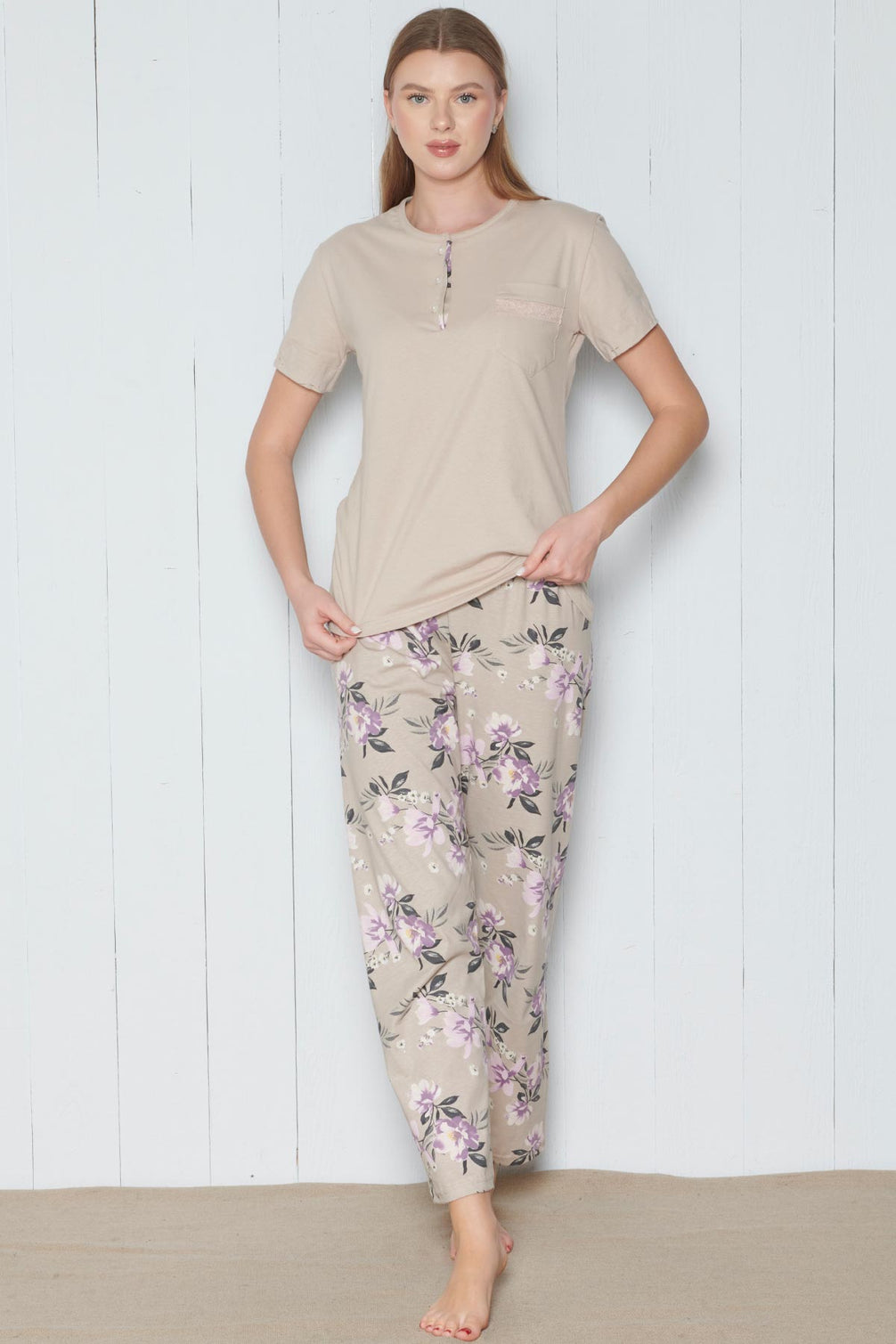 Pınarca Kadın Pijama Takımı Kısa Kollu Çiçek Desenli Bisiklet Yaka