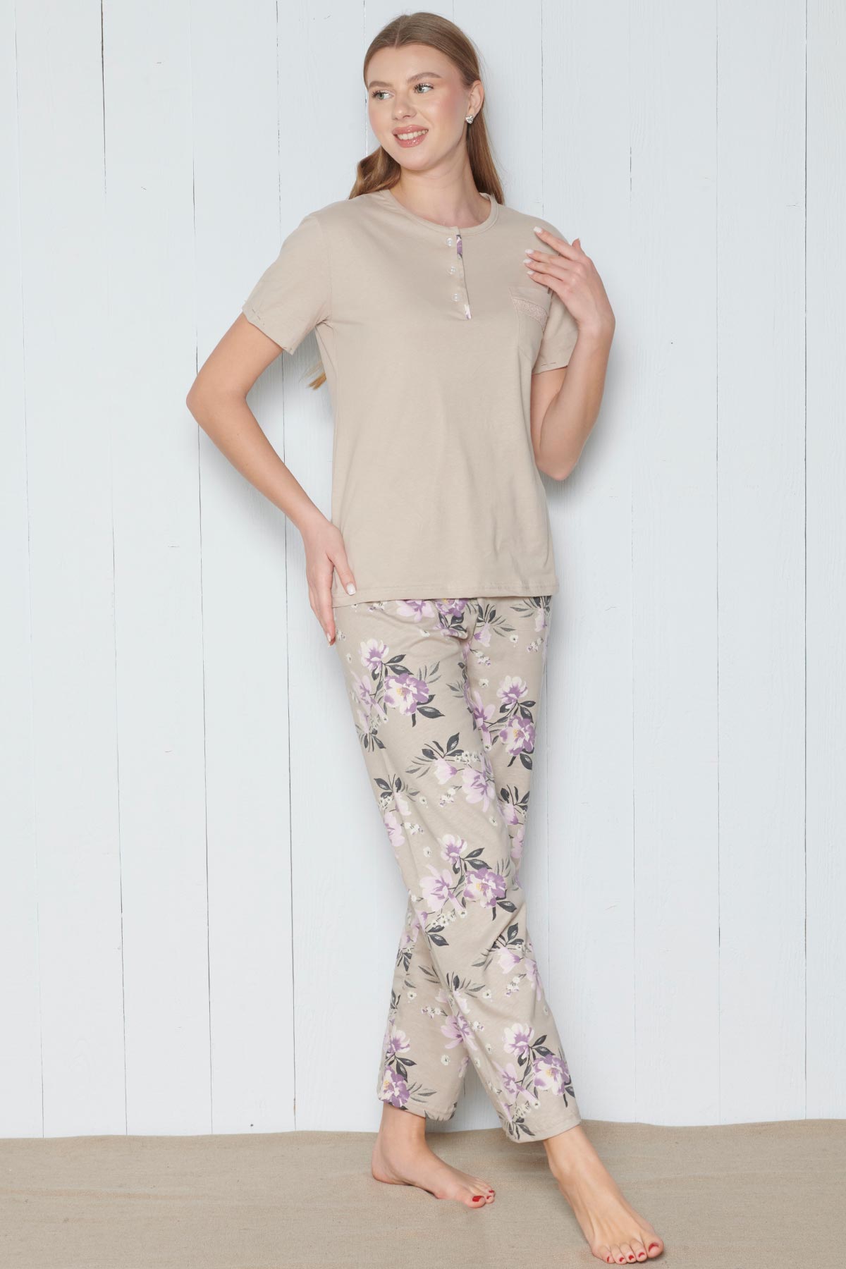 Pınarca Kadın Pijama Takımı Kısa Kollu Çiçek Desenli Bisiklet Yaka