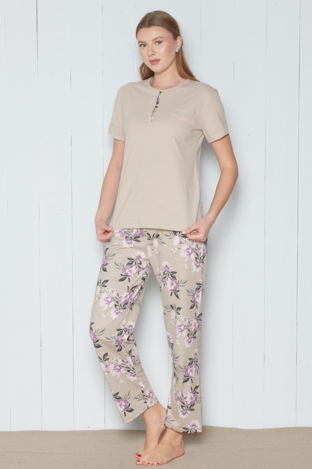 Pınarca Kadın Pijama Takımı Kısa Kollu Çiçek Desenli Bisiklet Yaka