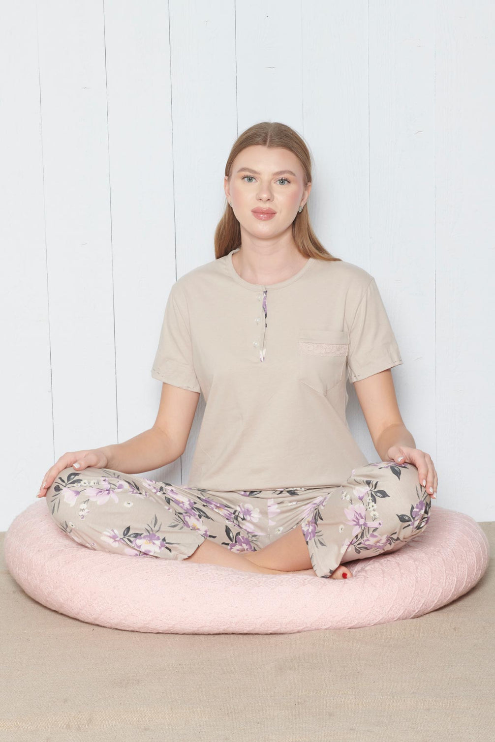Pınarca Kadın Pijama Takımı Kısa Kollu Çiçek Desenli Bisiklet Yaka