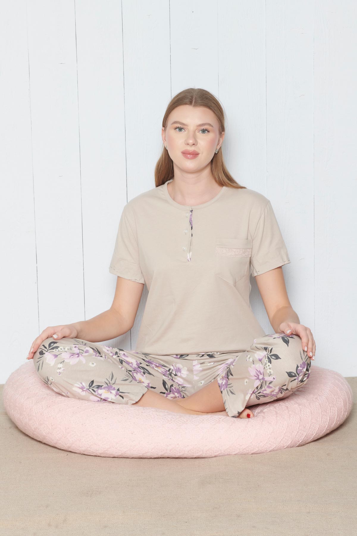 Pınarca Kadın Pijama Takımı Kısa Kollu Çiçek Desenli Bisiklet Yaka