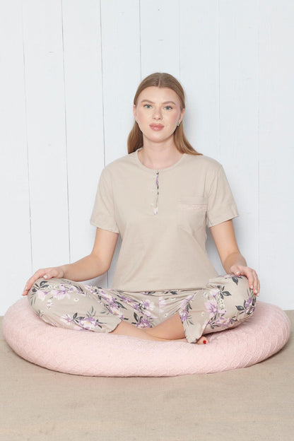 Pınarca Kadın Pijama Takımı Kısa Kollu Çiçek Desenli Bisiklet Yaka