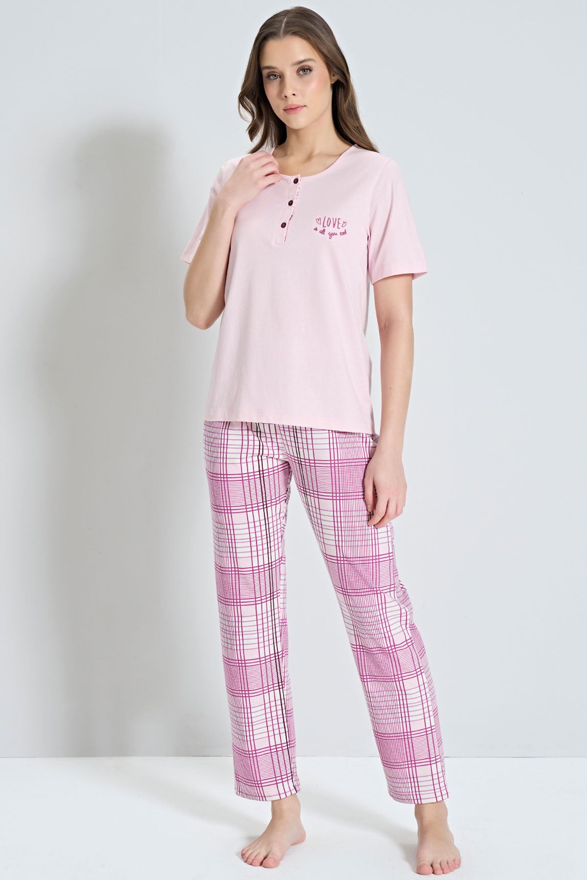 Pınarca Kadın Pijama Takımı Kısa Kollu Ekose Alt Desenli Bisiklet Yaka