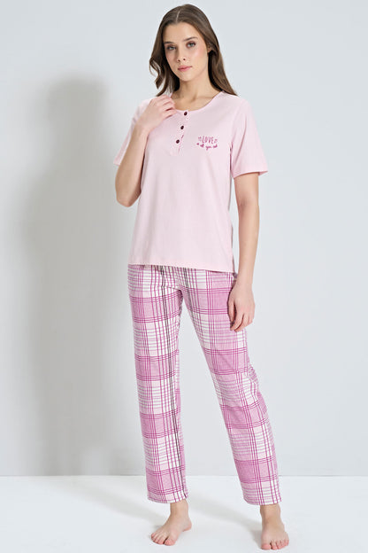 Pınarca Kadın Pijama Takımı Kısa Kollu Ekose Alt Desenli Bisiklet Yaka