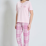Pınarca Kadın Pijama Takımı Kısa Kollu Ekose Alt Desenli Bisiklet Yaka