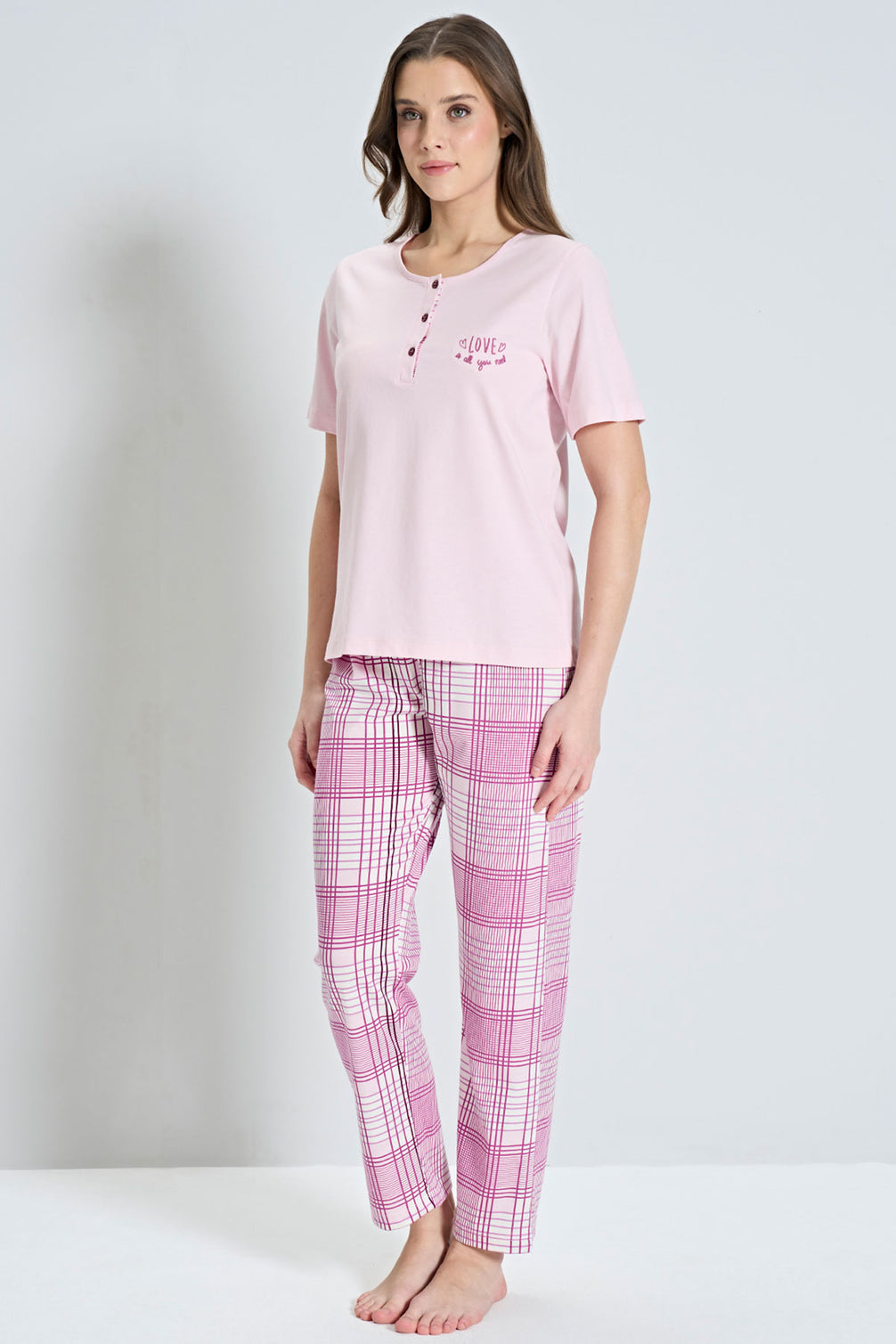 Pınarca Kadın Pijama Takımı Kısa Kollu Ekose Alt Desenli Bisiklet Yaka