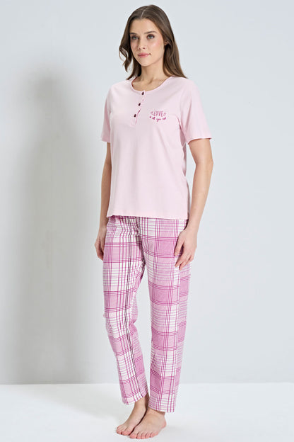 Pınarca Kadın Pijama Takımı Kısa Kollu Ekose Alt Desenli Bisiklet Yaka
