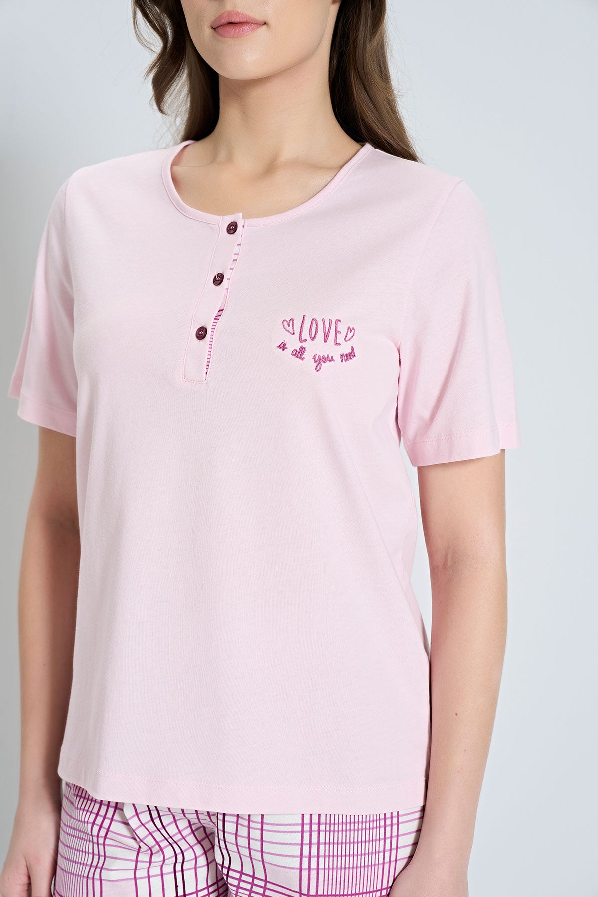 Pınarca Kadın Pijama Takımı Kısa Kollu Ekose Alt Desenli Bisiklet Yaka