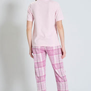 Pınarca Kadın Pijama Takımı Kısa Kollu Ekose Alt Desenli Bisiklet Yaka