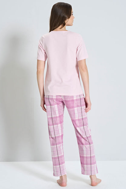 Pınarca Kadın Pijama Takımı Kısa Kollu Ekose Alt Desenli Bisiklet Yaka