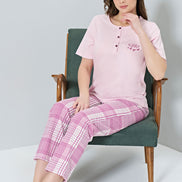 Pınarca Kadın Pijama Takımı Kısa Kollu Ekose Alt Desenli Bisiklet Yaka