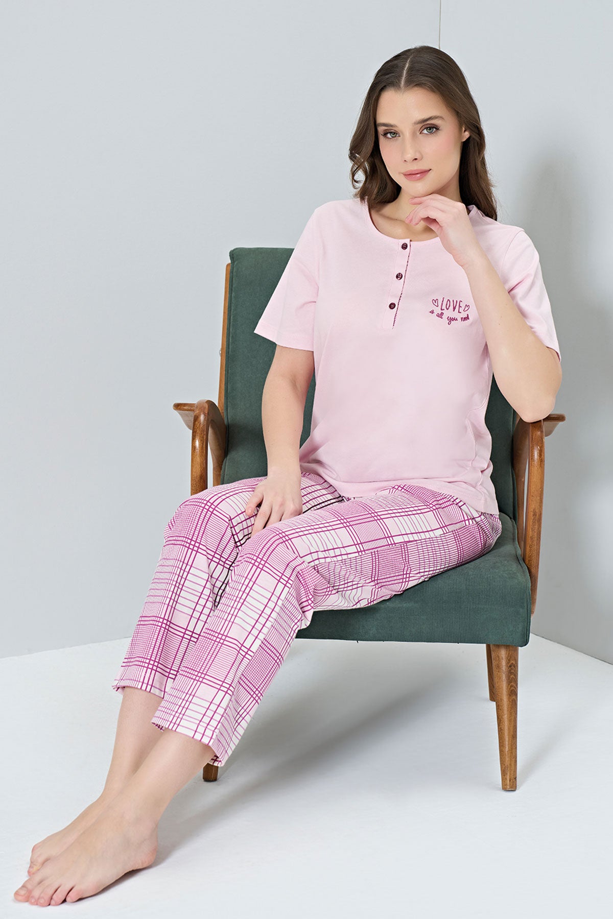 Pınarca Kadın Pijama Takımı Kısa Kollu Ekose Alt Desenli Bisiklet Yaka